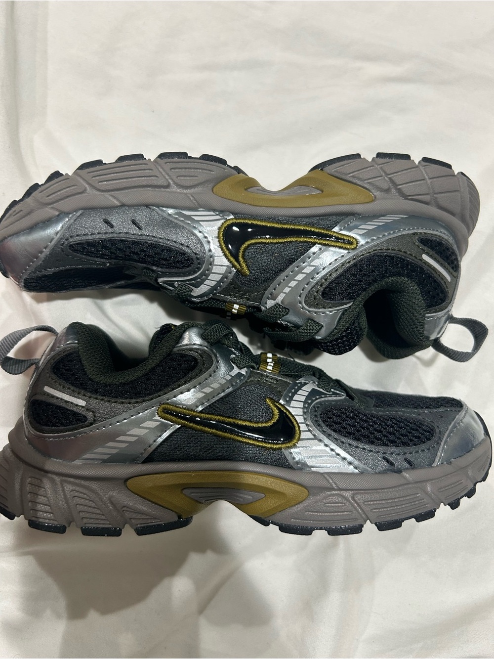 Nike Kids Dark Gray and Olive Green Sneakers with Gold Accents